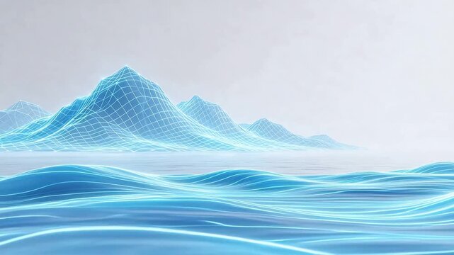 Blue wireframe mountains and waves
