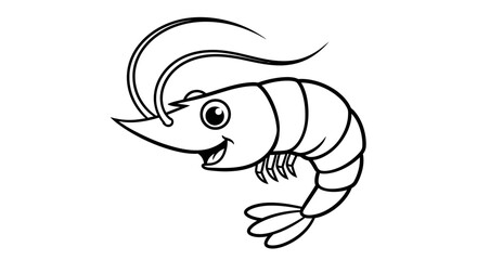 Fototapeta premium Cute cartoon shrimp illustration, black and white line art, isolated on white background.