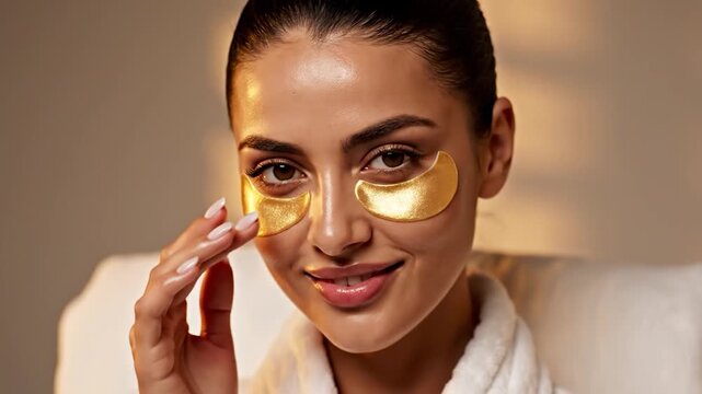 A serene woman with golden under-eye patches enjoys a moment of relaxation and self-care, promoting a healthy skincare routine