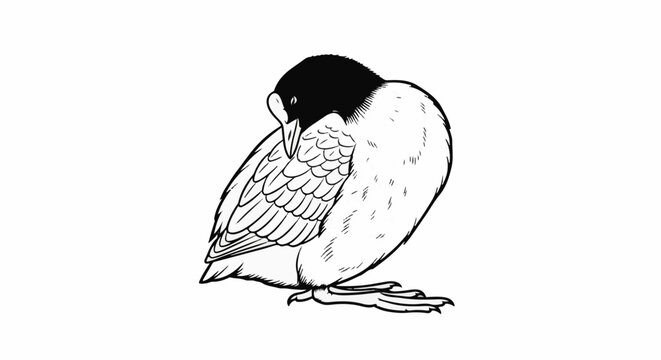 Stylized illustration of a small bird with black head and white body