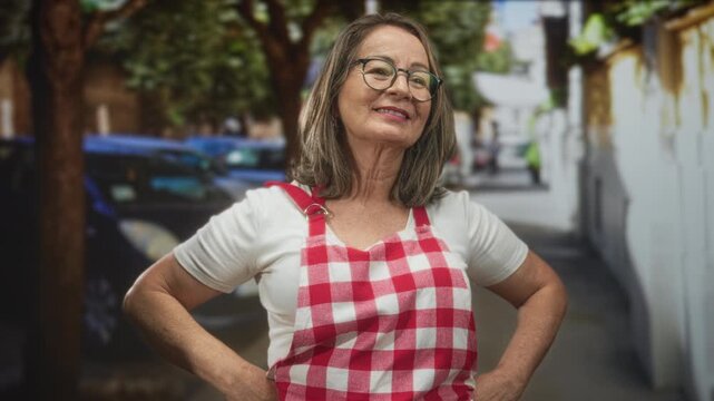 Hispanic woman cook in red checkered apron smiles with bare hands on hips on street lined with parked cars and trees, wearing glasses and white tshirt; pride warmth.
