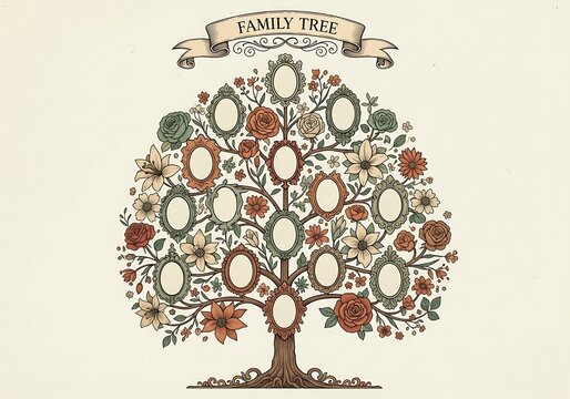 A family tree with many empty oval frames