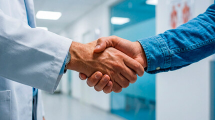 Doctor and patient shaking hands in a medical clinic hospital hallway. Healthcare and trust concept.