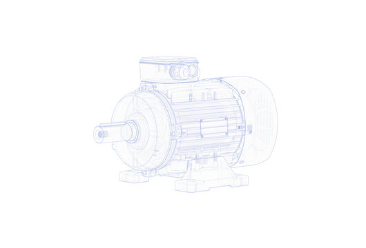 Wireframe technical illustration of an asynchronous electric motor showing rotor, stator and housing details, industrial engineering design.