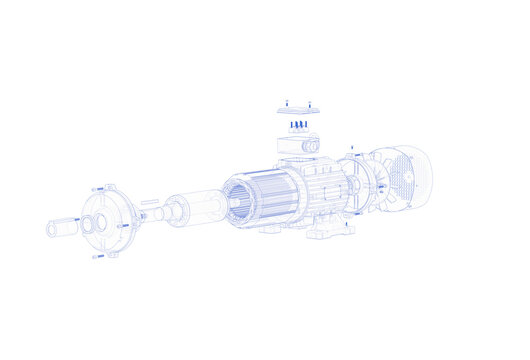 Explode view with wireframe technical illustration of an asynchronous electric motor showing rotor, stator and housing details, industrial engineering design.