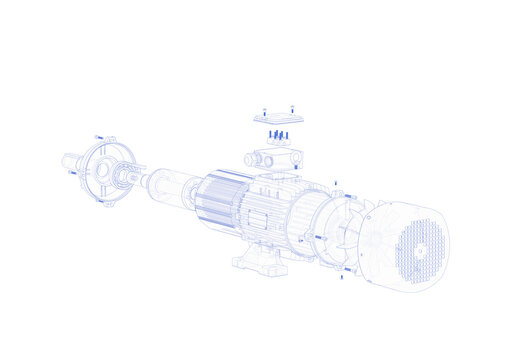 Explode view with wireframe technical illustration of an asynchronous electric motor showing rotor, stator and housing details, industrial engineering design.