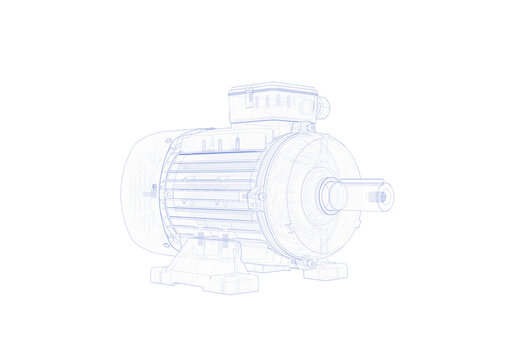 Wireframe technical illustration of an asynchronous electric motor showing rotor, stator and housing details, industrial engineering design.