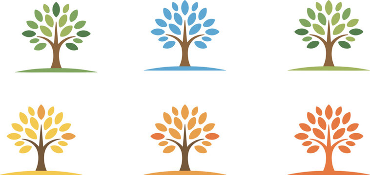 Colorful tree logo set vector illustration with stylized green blue yellow and orange leaves for environmental brand identity design conce