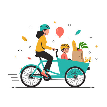 Eco-Friendly Family on a Cargo E-Bike Vector Art