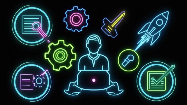 Glowing neon outline of a person sitting with a laptop surrounded by digital icons of a rocket launching, document editing, and gears on a black background for tech concept.