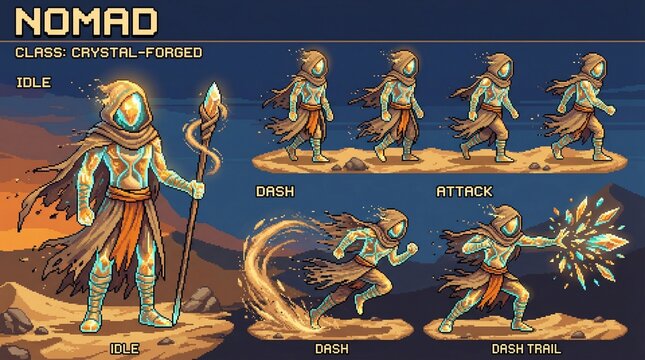 Animated pixel art sprite sheet of a fantasy crystal-forged hero, demonstrating essential game actions idle, walking, dashing, and powerful magic attacks for classic game development