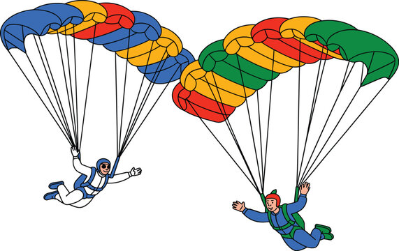 Two skydivers with colorful parachutes gliding through the air for extreme sports adventure skydiving and outdoor recreation concepts vector illustration