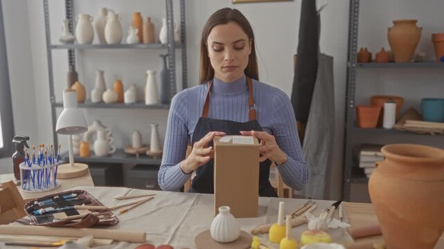 Young woman opens cardboard box with hands at artisan studio among pottery and tools; concentration.