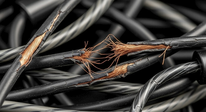 Close-up of broken electrical wire with exposed copper strands. Damaged black cable showing frayed connection and cracked insulation. Electrical hazard, short circuit and ecology e-waste concept