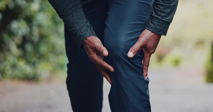 Person, hands and knee pain with injury in nature for discomfort, strain or overworked. Runner, sore bone or joint inflammation with fibromyalgia or leg ache for muscle tension or outdoor accident