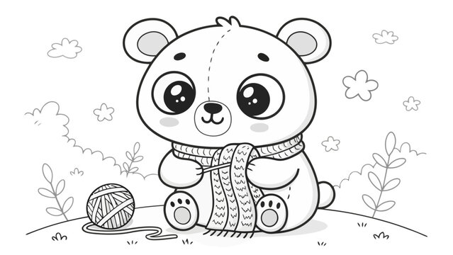 A cute cartoon bear holding a ball of yarn in a garden