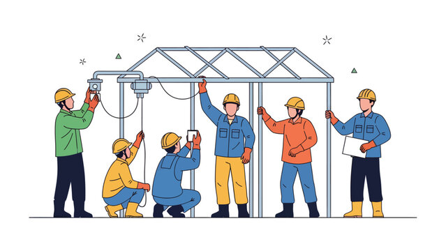 Construction Team at Work: A group of construction workers diligently assemble a structure. Their synchronized efforts, representing the spirit of teamwork and meticulous execution.