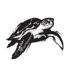 Fototapeta premium Black and White Detailed Sea Turtle Swimming Illustration, Realistic Marine Reptile Side View with Textured Shell, Hand Drawn Style Vector Art Isolated on White Background for Print