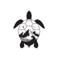 Obraz premium Creative Double Exposure Sea Turtle Top View with Hexagonal Shell and Mountain Nature Scene, Black Wildlife Concept Vector Illustration Isolated on White for Art and Print Design