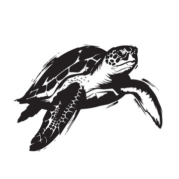 Black and White Detailed Sea Turtle Swimming Illustration, Realistic Marine Reptile Side View with Textured Shell, Hand Drawn Style Vector Art Isolated on White Background for Print