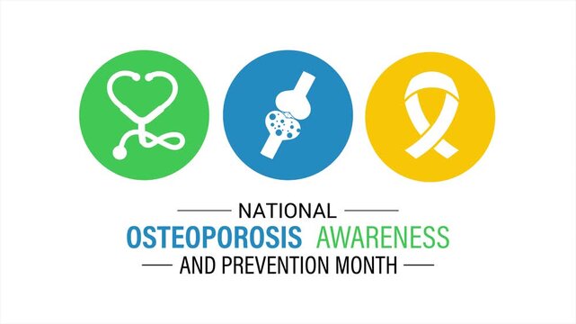 Osteoporosis awareness animation featuring ribbon symbol and bone icons in a clean flat vector style, designed for healthcare education campaigns.  Healthcare 4k video animation scene.