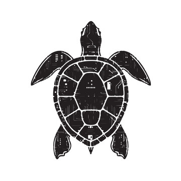 Futuristic Cyber Grid Sea Turtle Top View with Technology Shell Pattern, Digital Sci-Fi Marine Animal Vector Illustration for Modern Print and Poster Design