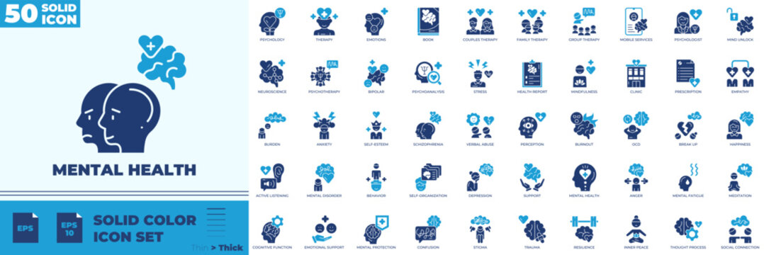Mental Health Solid Color Editable Icons set