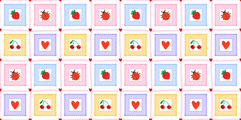 Seamless ladybug kawaii with flower frame pattern for cute spring floral. Patchwork illustration strawberry with heart gingham checkered for stationery pink stripe. Print ornament seamless. © alia.kurianova