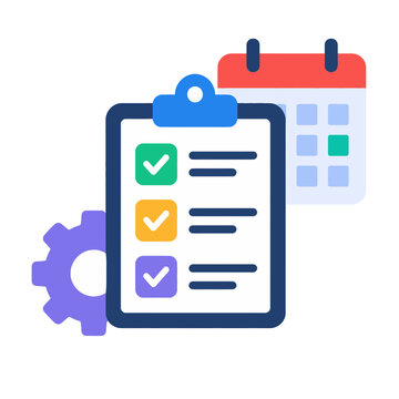 Task management and project planning icon, featuring a clipboard checklist, calendar, and gear, symbolizing efficiency, organization, and productivity in business and workflow