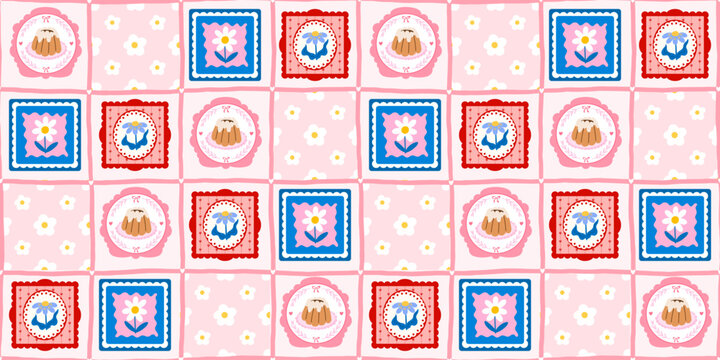Kawaii pattern frame and quilt flower floral with spring patchwork seamless. Cute wallpaper checkerboard and print texture girly with tiny scrapbook background. Pastel kawaii checkered.
