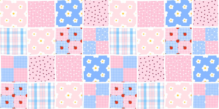 Floral pattern background for patchwork children cute and gingham seamless texture. Baby coquette blue for illustration quilt checkerboard and kawaii daisy fruit. Floral notebook scrapbook.