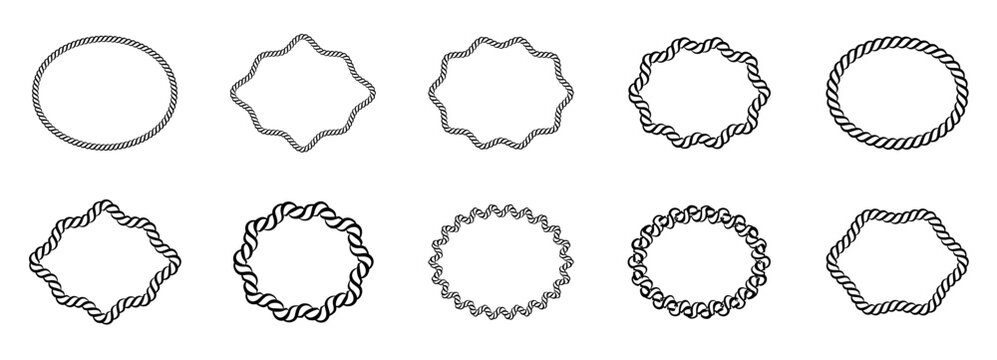 Western rope set within decorative frame of rectangle and oval. Shapes with thin ribbon boarder and intricate knot pattern. Classic style detailed illustration of knit and cane.