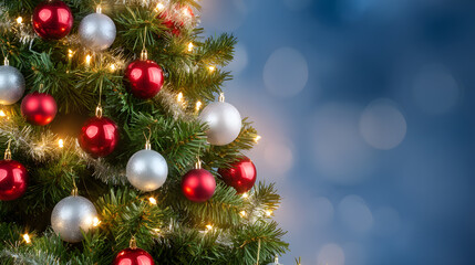 Obraz premium Christmas tree decorated with red and silver ornaments and lights. Festive holiday background with bokeh and winter celebration atmosphere.