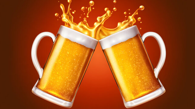 Two beer mugs clinking on red background with splash. Bright celebration concept with golden beer, foam and festive party mood.
