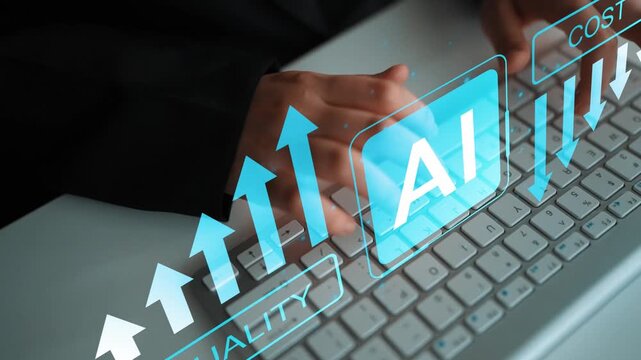 Hands Typing on Keyboard with AI Concept and Growth Arrows Representing Quality Improvement and Technology Advancement in Business Environment Gluon.
