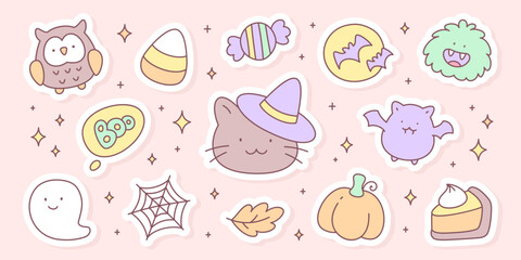Naklejka premium Kawaii halloween sticker set. Cute spooky collection with cat in witch hat, ghost, bat, pumpkin, candy and autumn elements in soft pastel colors. Vector 10 EPS.