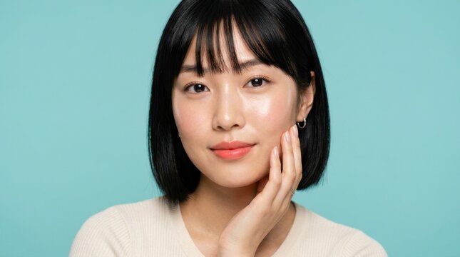 Beautiful young Asian woman with radiant, healthy skin touching her cheek, exuding natural beauty and confidence against a vibrant blue studio background, perfect for skincare.