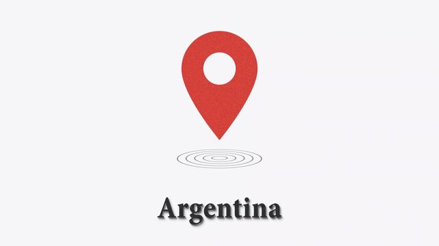 Red map pin icon with ripple effect and the word argentina below it on a white background, motion graphics