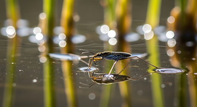 Water strider on water surface close up