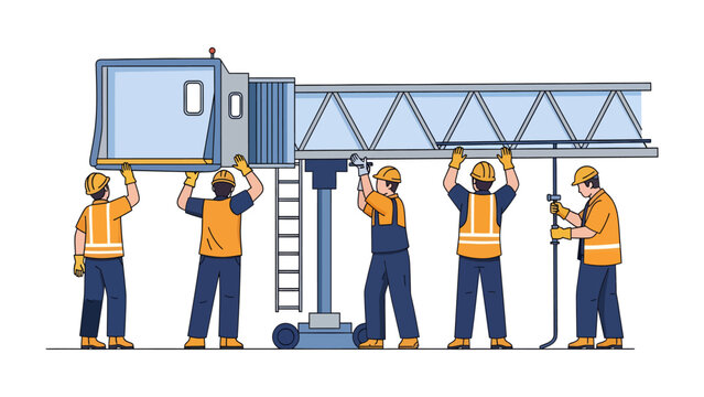 Construction Team at Work: A team of skilled workers collaborates diligently to assemble a sophisticated jet bridge structure, showcasing precision and teamwork. 