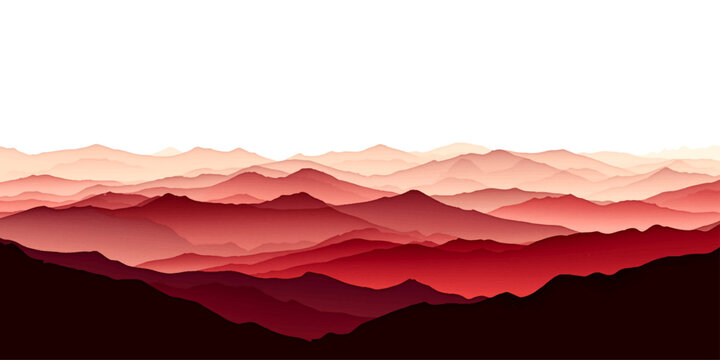 Abstract red and white background featuring a torn paper landscape design with vector mountains and mist under a light pattern of clouds