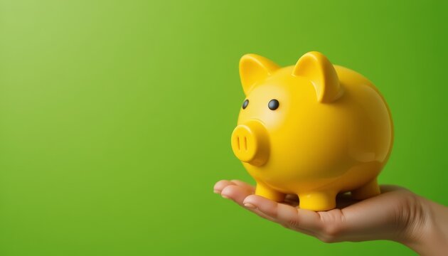 Hand holding a yellow piggy bank against a green background for savings and investment concept