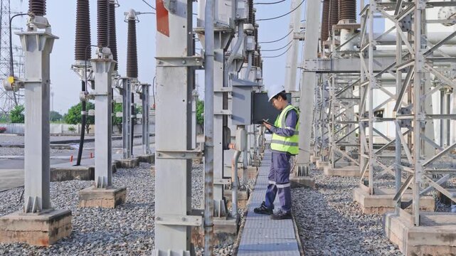 Electrical substation utility worker maintenance inspection safety equipment engineer high voltage power line switchgear tablet industry