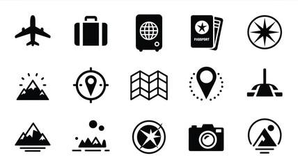 Collection of black and white travel icons featuring airplane suitcase map compass passport and camera for adventure themes © Tuli