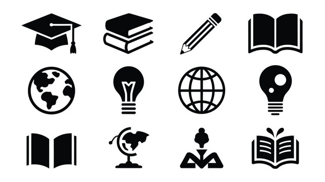 Educational icons featuring graduation cap books pencil globe lightbulb and reading symbols in minimalist black silhouette style