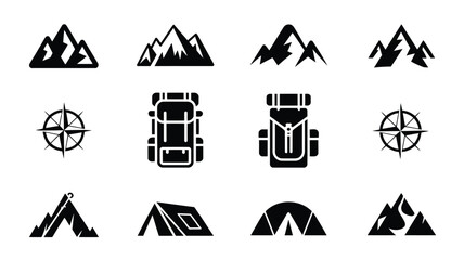 Black and white vector icons of mountains compasses backpacks and tents for outdoor adventure and hiking themes © Tuli