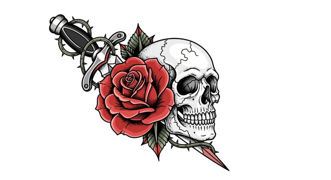 Skull rose dagger tattoo art