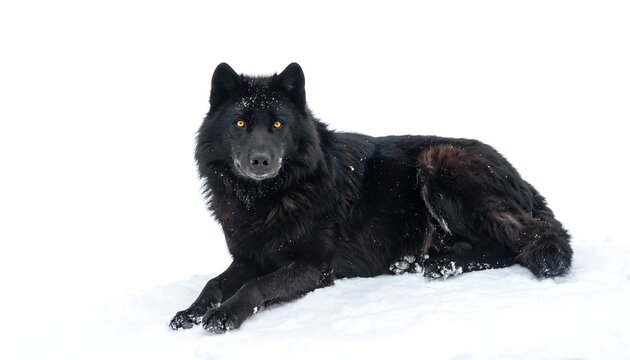 A majestic black canine, possibly a wolf, rests in snow, its amber eyes gleaming. Its dense coat contrasts with the white backdrop