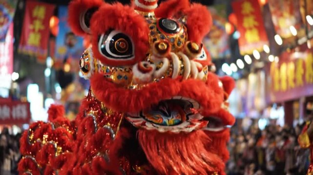 Cheung Chau Bun Festival theme, a close-up of a colorful, ornate Chinese Lion Dance head performing a rhythmic dance. Glittering sequins and fur textures