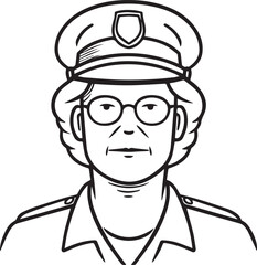 Obraz premium Hand Drawn Elderly Female Police Officer Black and White Illustration in Minimal Line Art Style Design